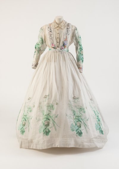 White cotton muslin dress with green floral print design, 1860s by Unbekannt Unbekannt
